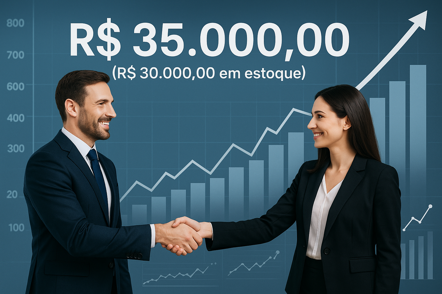 35.000,00 (R$30.000,00 em estoque), um um empresario e uma empresaria de mãos dada e o texto com grafico