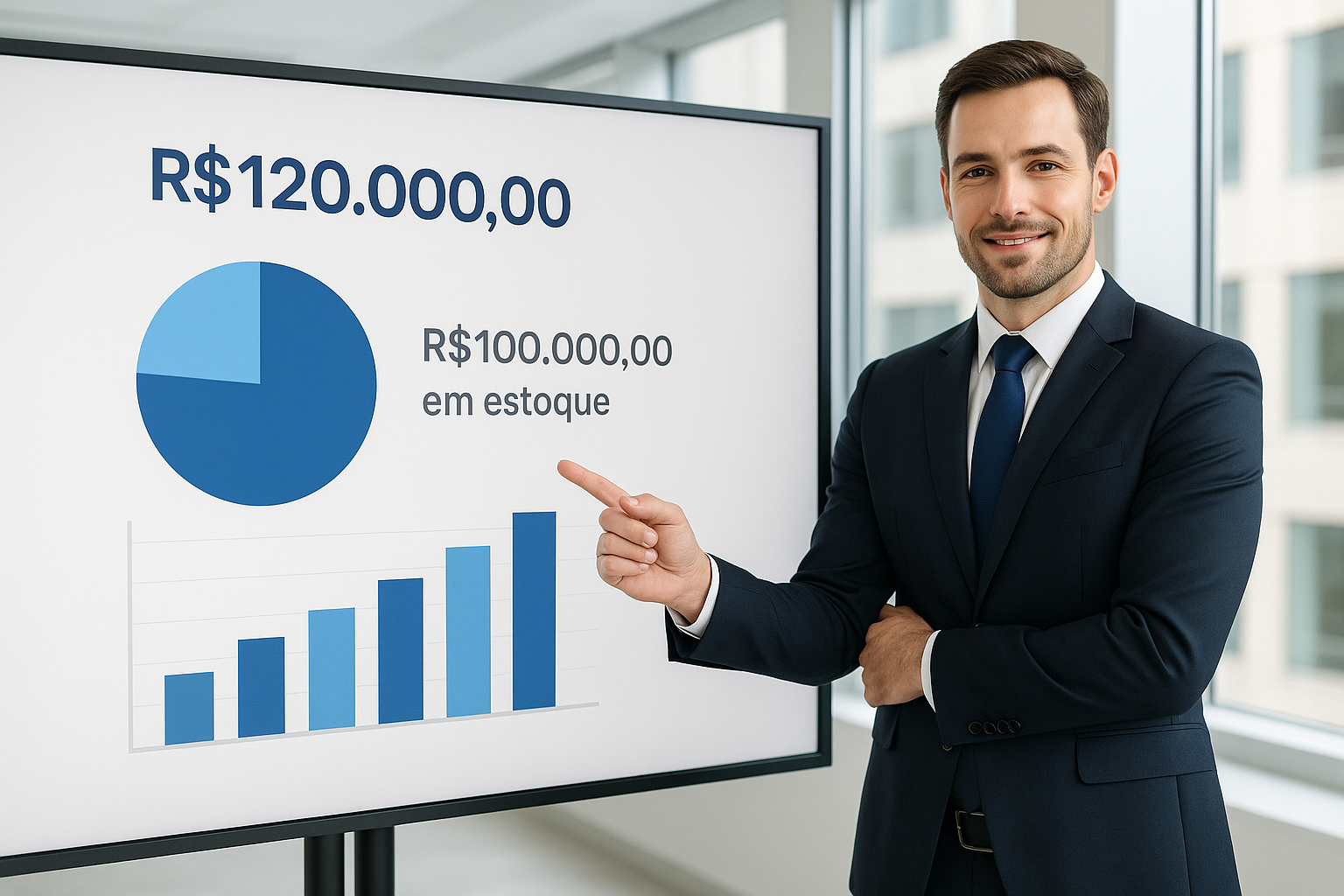 R$120.000,00 (R$100.000,00 em estoque), com um empresario e mostrando esse texto com grafico