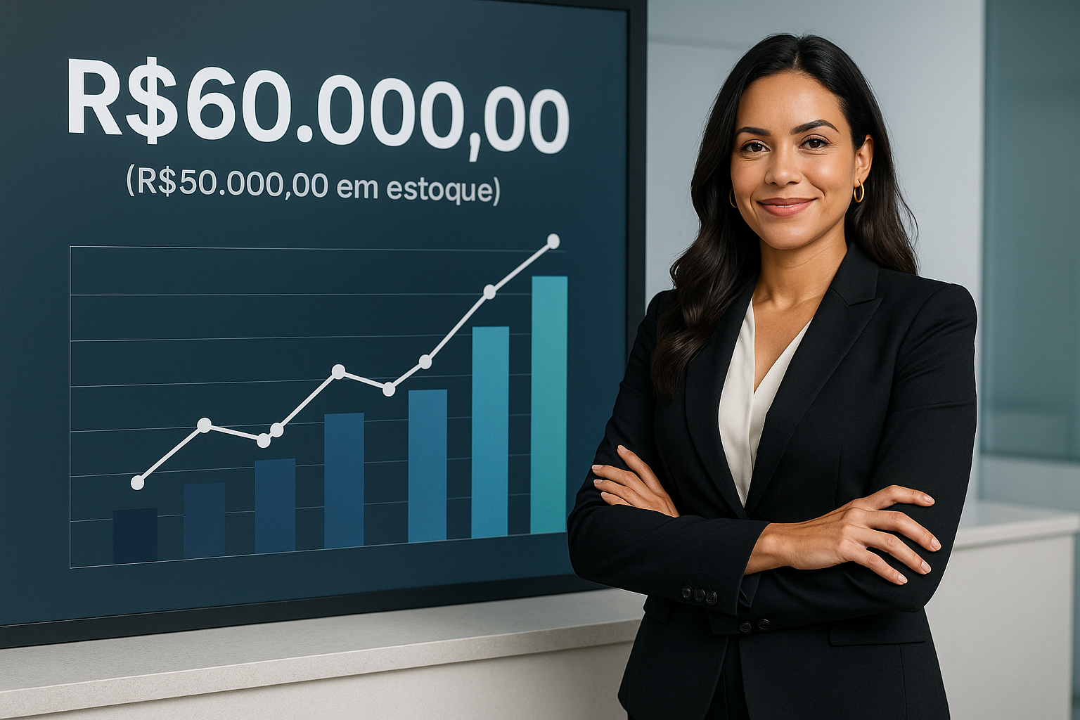 R$60.000,00 (R$50.000,00 em estoque) , coloque uma empresaria e o texto com um grafico