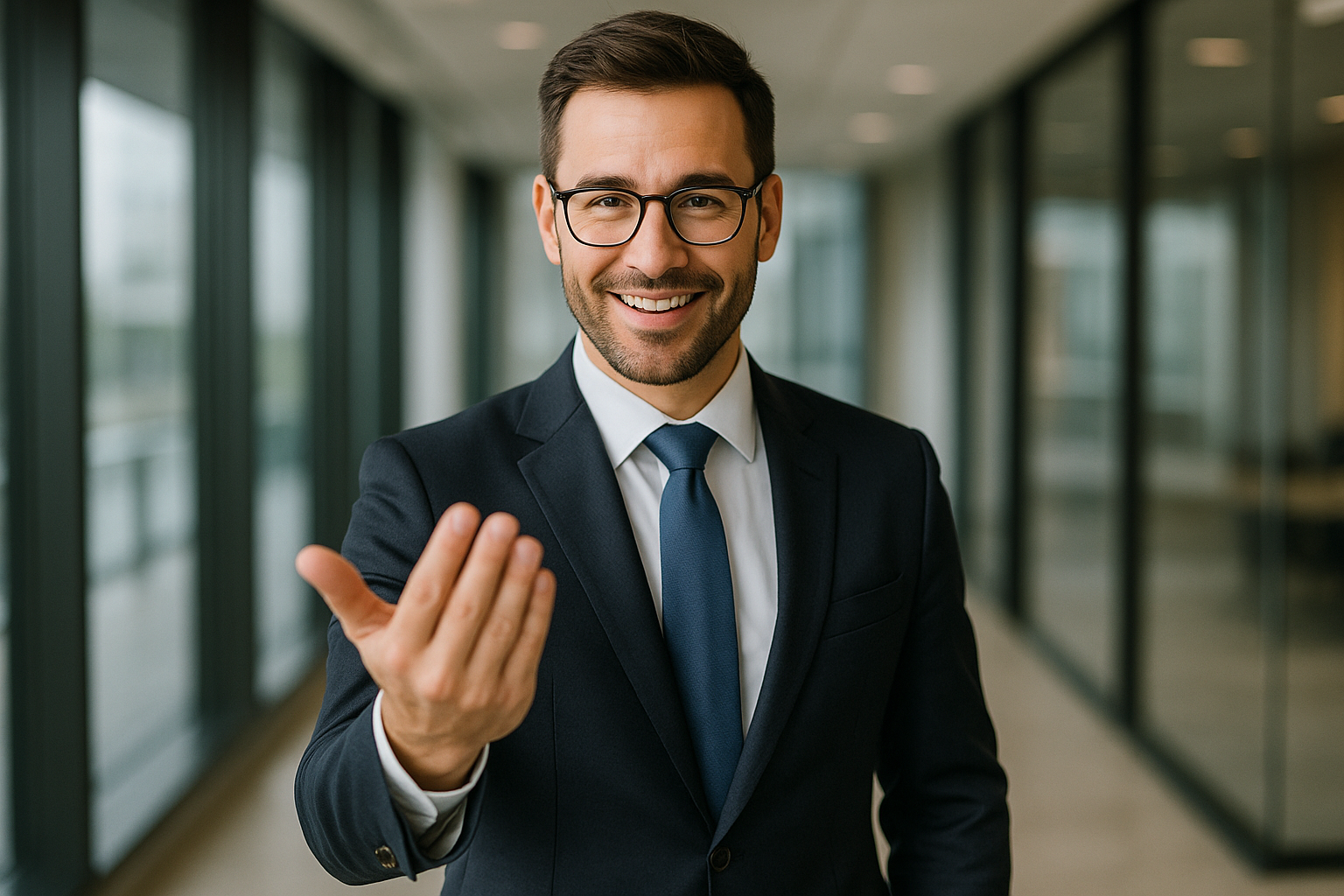 uma imagem de empresario fazendo gesto de vem 